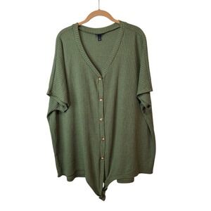Torrid Womens 3 US 3X Waffle Button Front Tie Front Top Olive Green Dolman Slvs